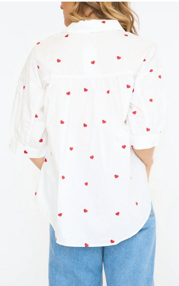 I Love You Heart Embroidered Short Puff Sleeve Button Down Shirt