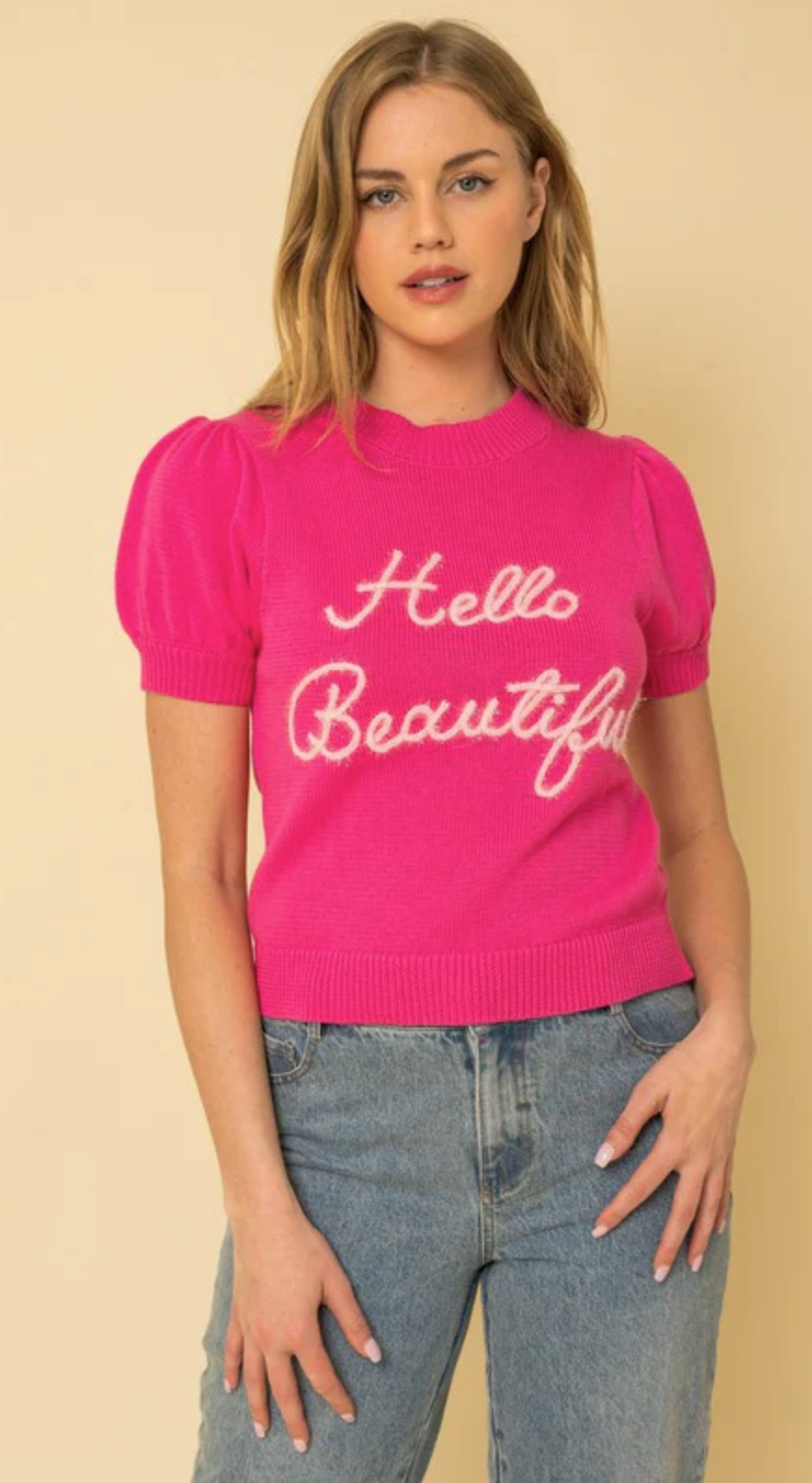 Gilli "Hello Beautiful" Short Sleeve Sweater Top