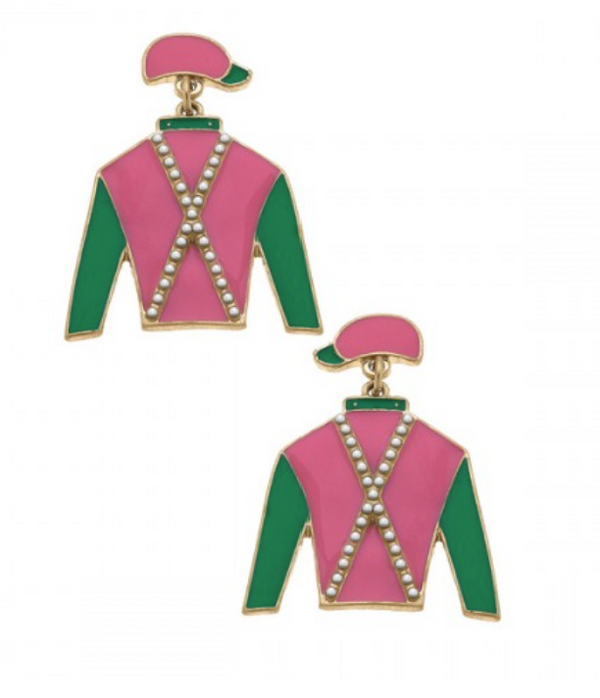 Justify Jockey Silk Enamel Stud or Drop  Earrings in Pink & Green