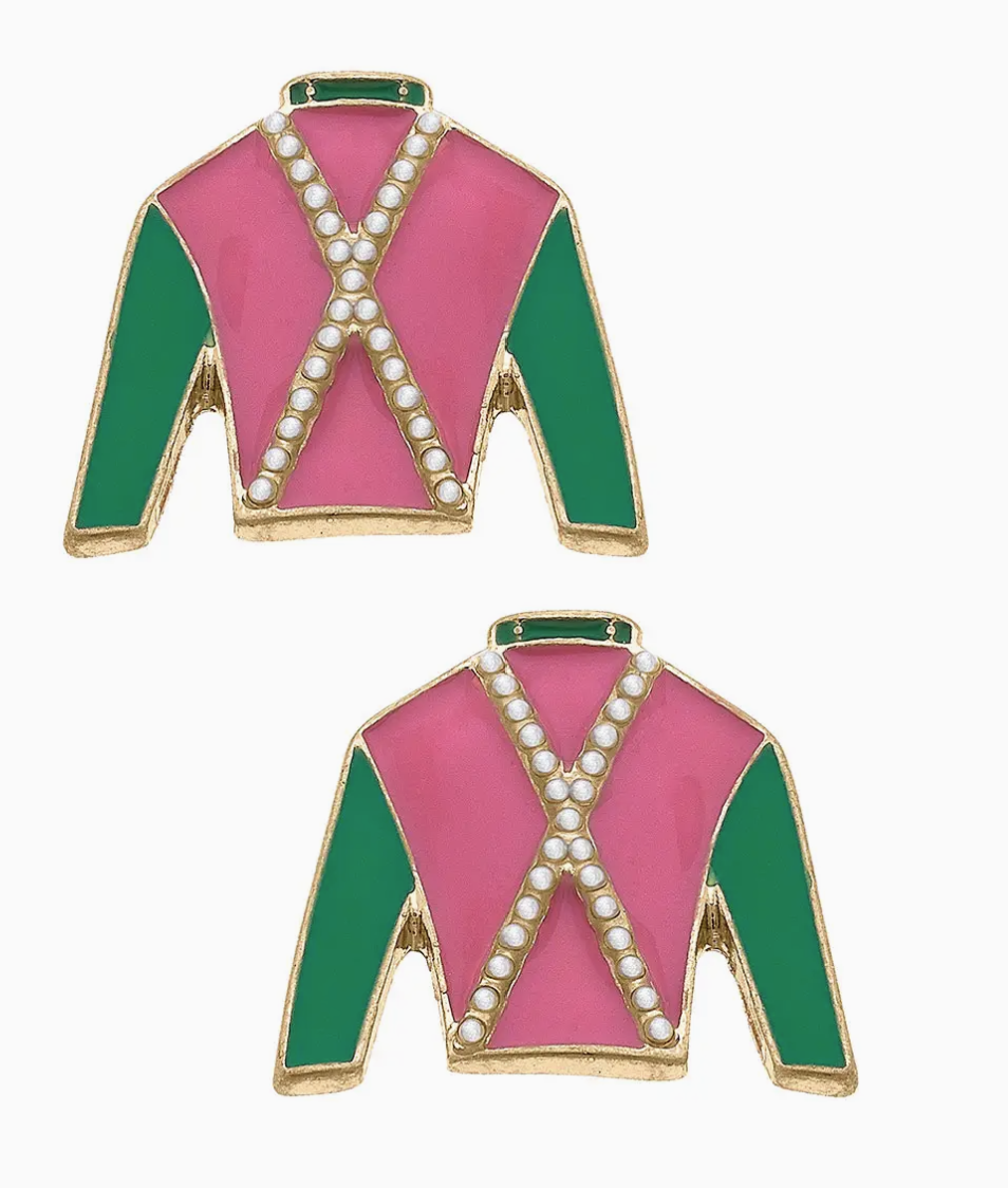 Justify Jockey Silk Enamel Stud or Drop  Earrings in Pink & Green