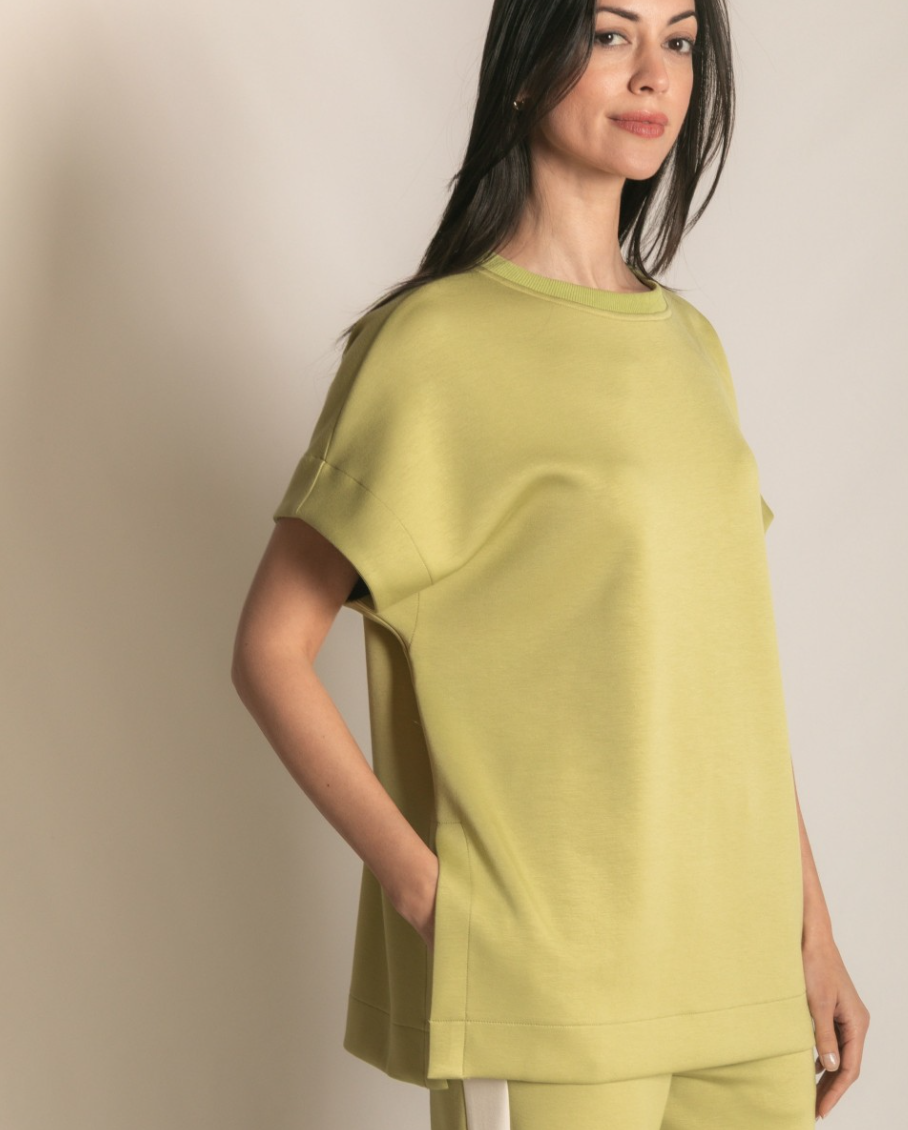 P. CILL Butter Modal Contrast Rib Short Sleeve Tunic Top