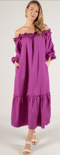 Lila Linen Blend Ruffled Neckline Off Shoulder Dress