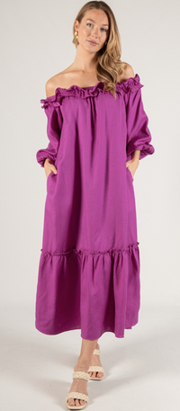 Lila Linen Blend Ruffled Neckline Off Shoulder Dress
