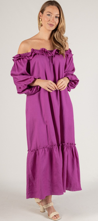 Lila Linen Blend Ruffled Neckline Off Shoulder Dress
