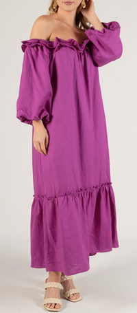 Lila Linen Blend Ruffled Neckline Off Shoulder Dress
