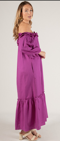 Lila Linen Blend Ruffled Neckline Off Shoulder Dress
