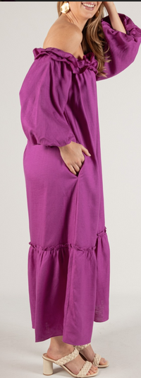 Lila Linen Blend Ruffled Neckline Off Shoulder Dress