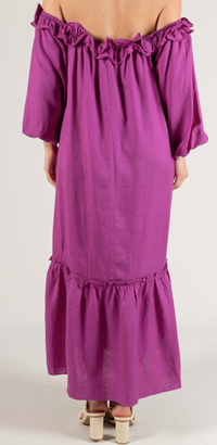 Lila Linen Blend Ruffled Neckline Off Shoulder Dress