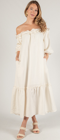 Lila Linen Blend Ruffled Neckline Off Shoulder Dress