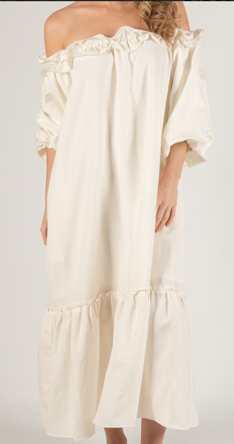 Lila Linen Blend Ruffled Neckline Off Shoulder Dress