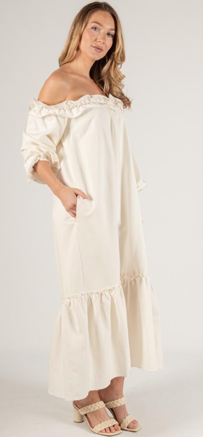 Lila Linen Blend Ruffled Neckline Off Shoulder Dress