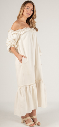 Lila Linen Blend Ruffled Neckline Off Shoulder Dress
