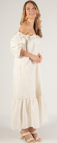 Lila Linen Blend Ruffled Neckline Off Shoulder Dress