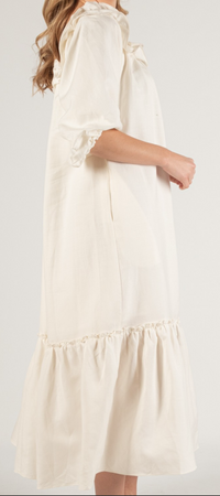 Lila Linen Blend Ruffled Neckline Off Shoulder Dress