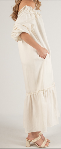 Lila Linen Blend Ruffled Neckline Off Shoulder Dress
