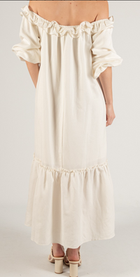 Lila Linen Blend Ruffled Neckline Off Shoulder Dress
