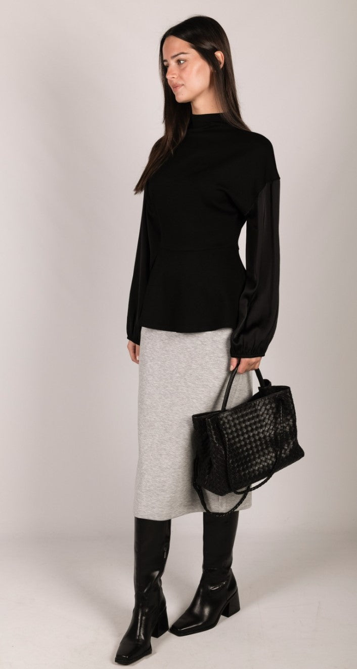 P. CILL Butter Modal Mock Neck Top with Contrast Satin Sleeves
