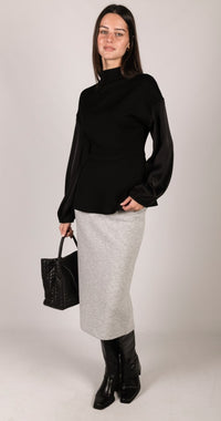 P. CILL Butter Modal Mock Neck Top with Contrast Satin Sleeves