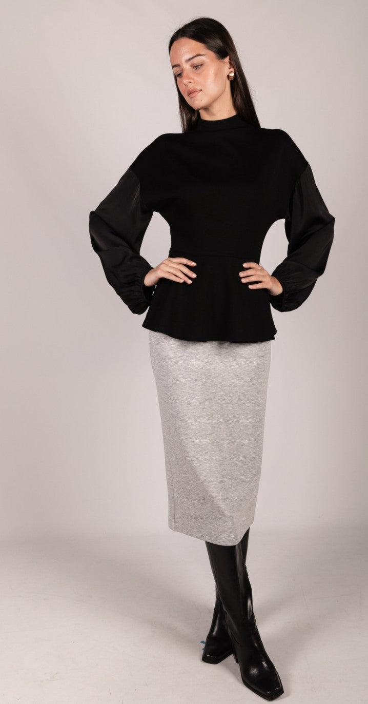 P. CILL Butter Modal Mock Neck Top with Contrast Satin Sleeves