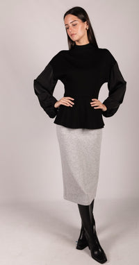 P. CILL Butter Modal Mock Neck Top with Contrast Satin Sleeves