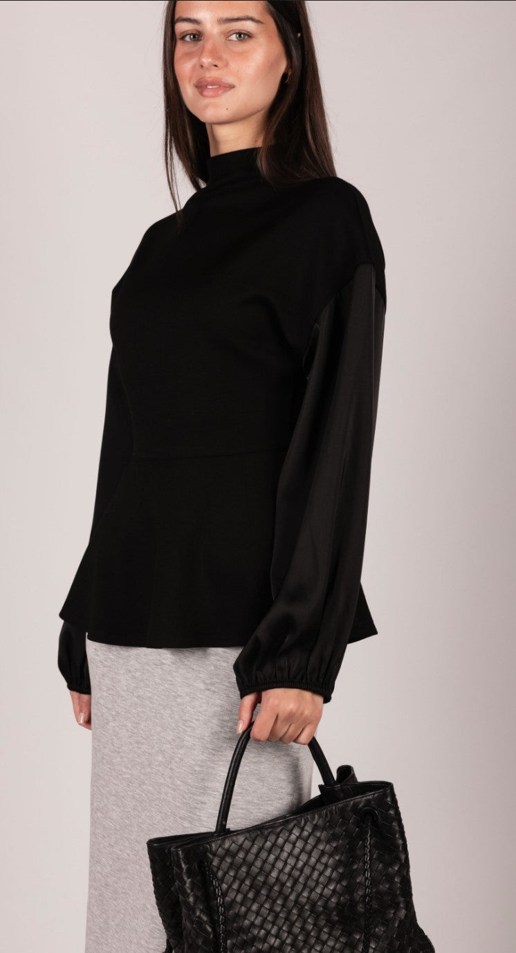 P. CILL Butter Modal Mock Neck Top with Contrast Satin Sleeves