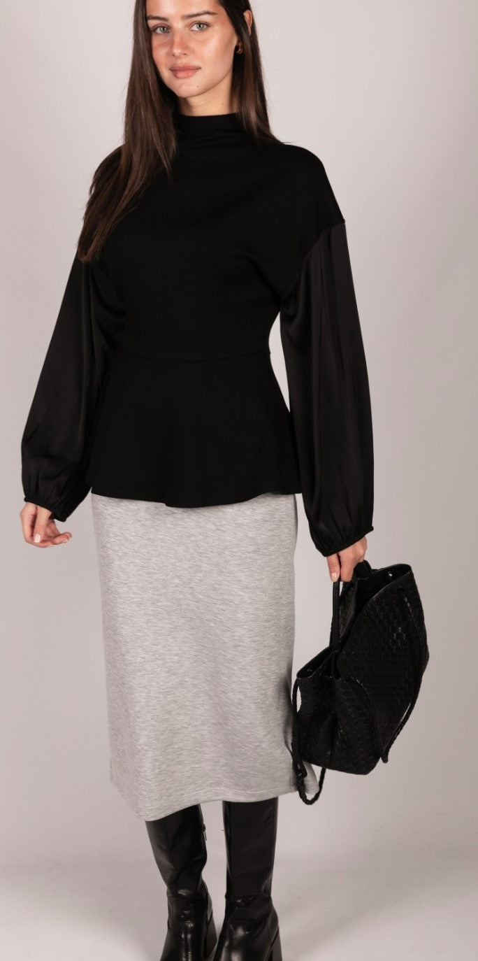 P. CILL Butter Modal Mock Neck Top with Contrast Satin Sleeves