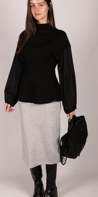 P. CILL Butter Modal Mock Neck Top with Contrast Satin Sleeves
