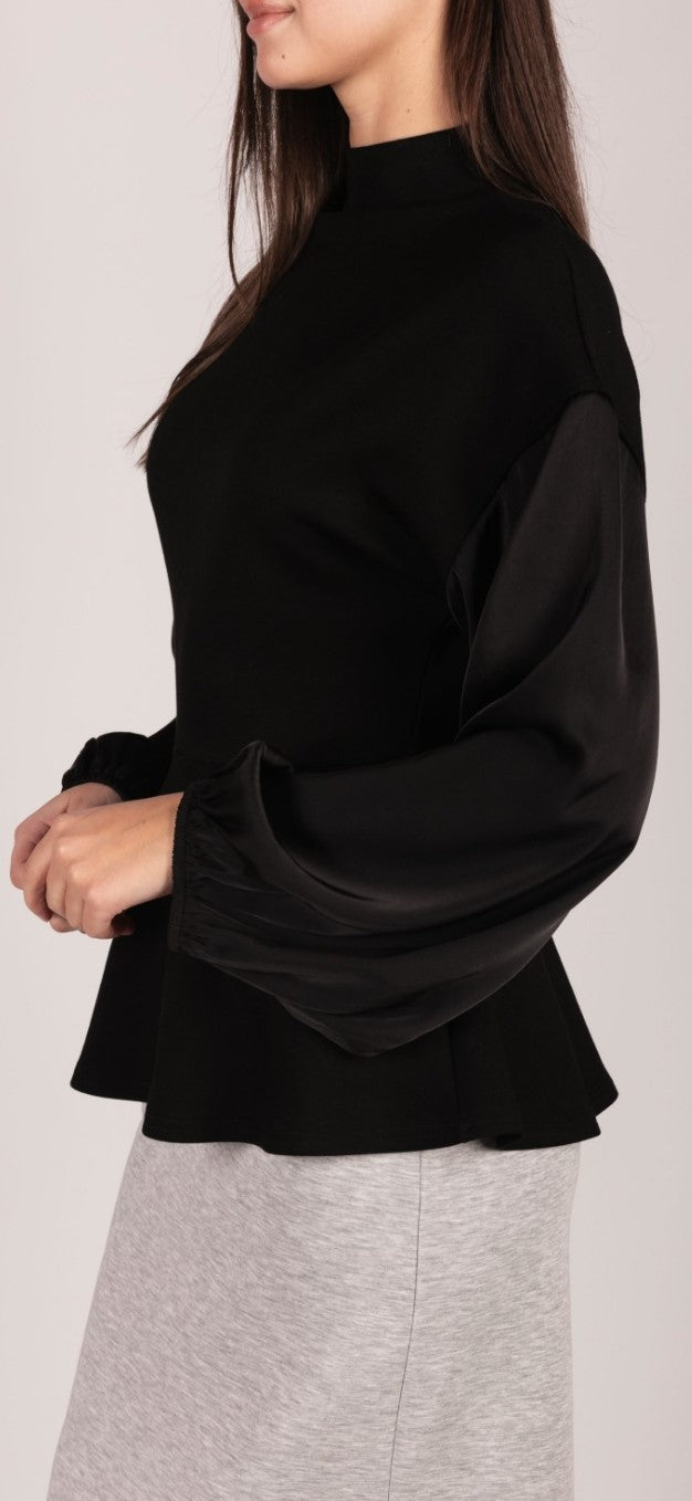 P. CILL Butter Modal Mock Neck Top with Contrast Satin Sleeves