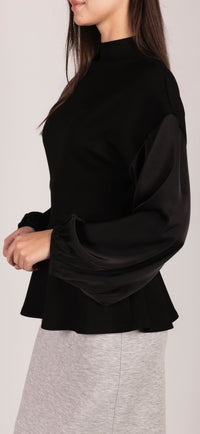 P. CILL Butter Modal Mock Neck Top with Contrast Satin Sleeves