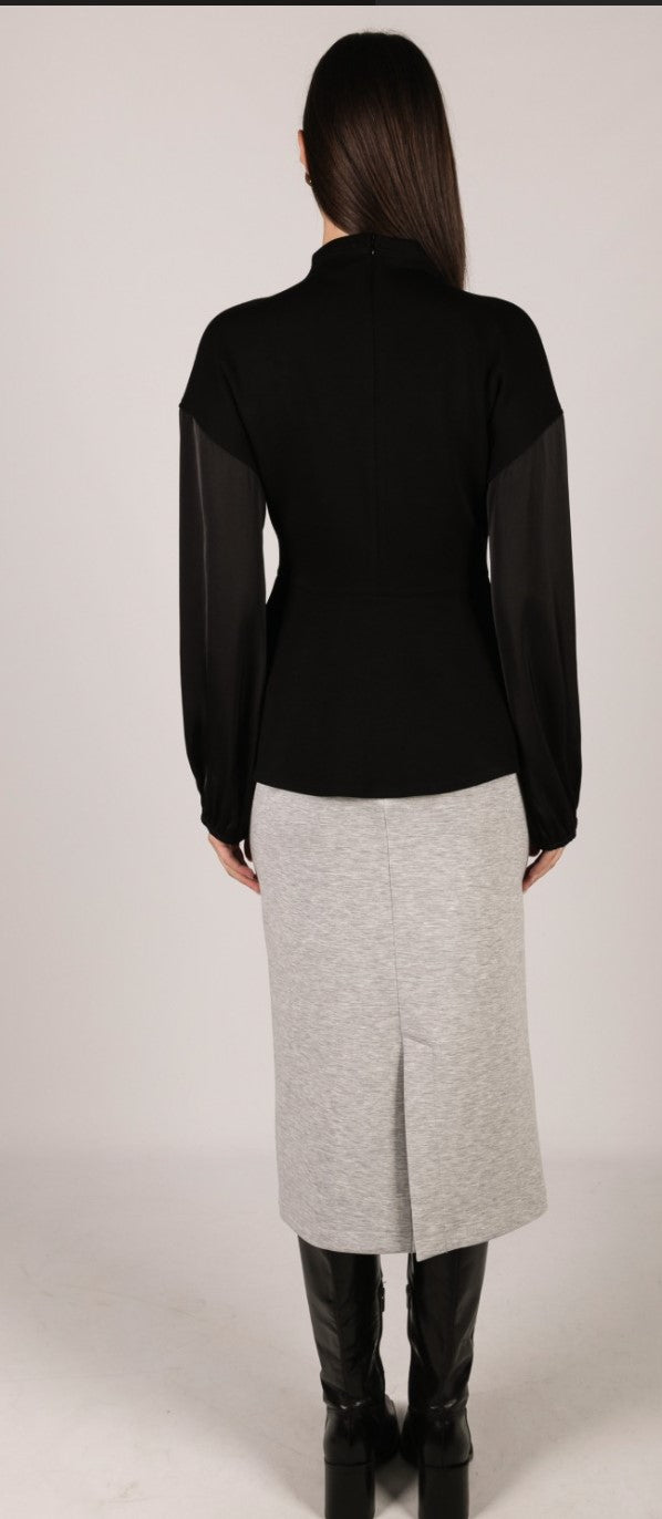 P. CILL Butter Modal Mock Neck Top with Contrast Satin Sleeves