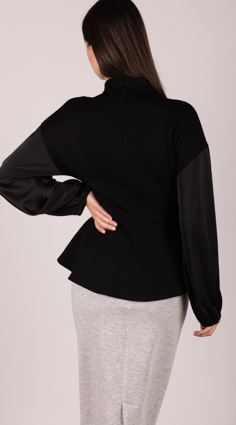 P. CILL Butter Modal Mock Neck Top with Contrast Satin Sleeves