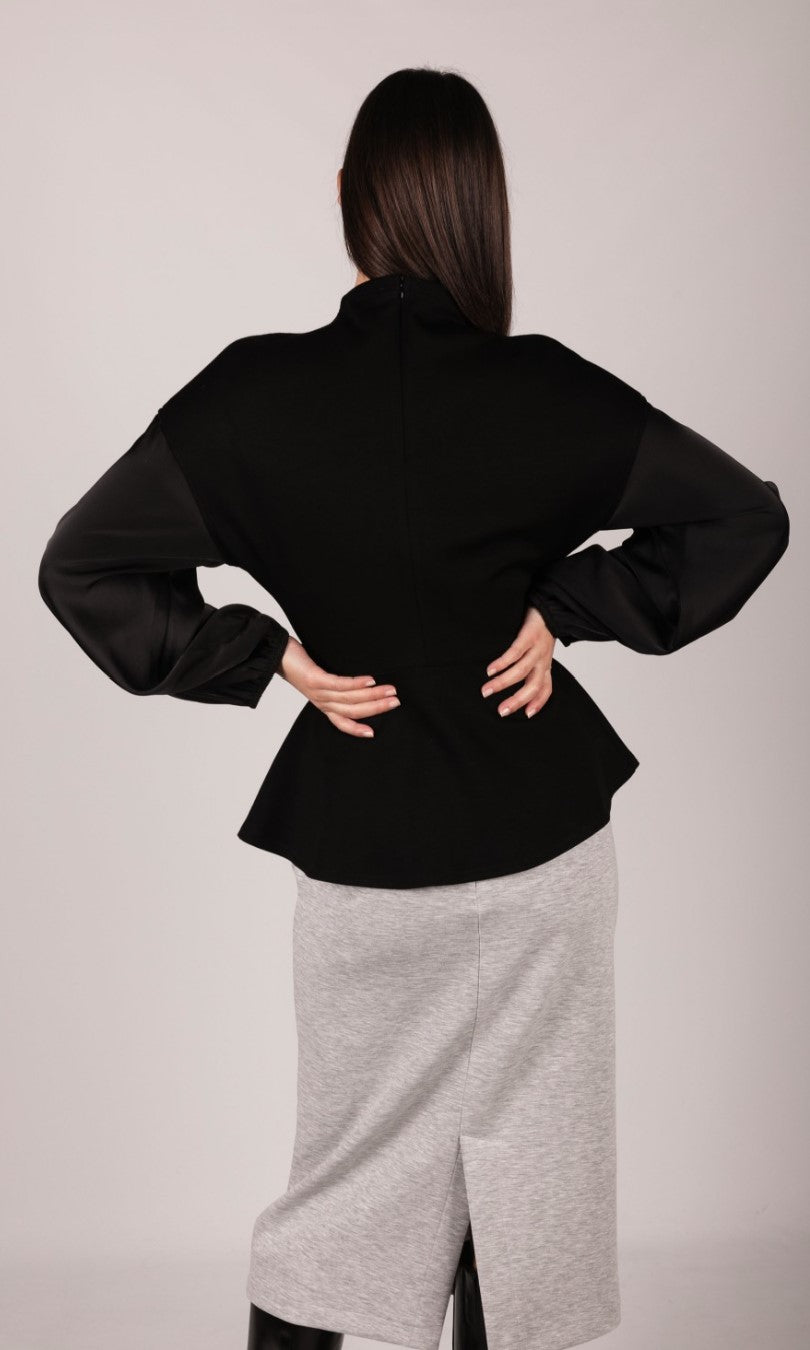 P. CILL Butter Modal Mock Neck Top with Contrast Satin Sleeves
