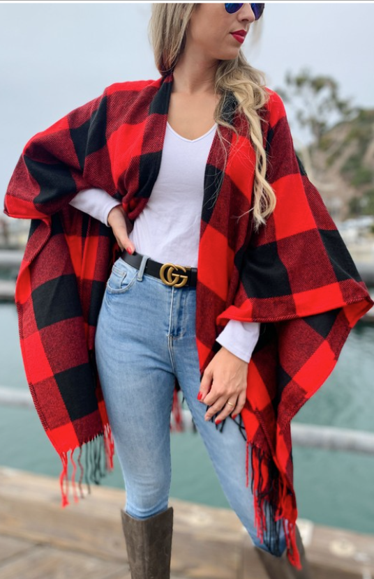 Buffalo Plaid Kimono Ruana Cardigan With Tassel