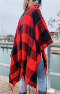Buffalo Plaid Kimono Ruana Cardigan With Tassel