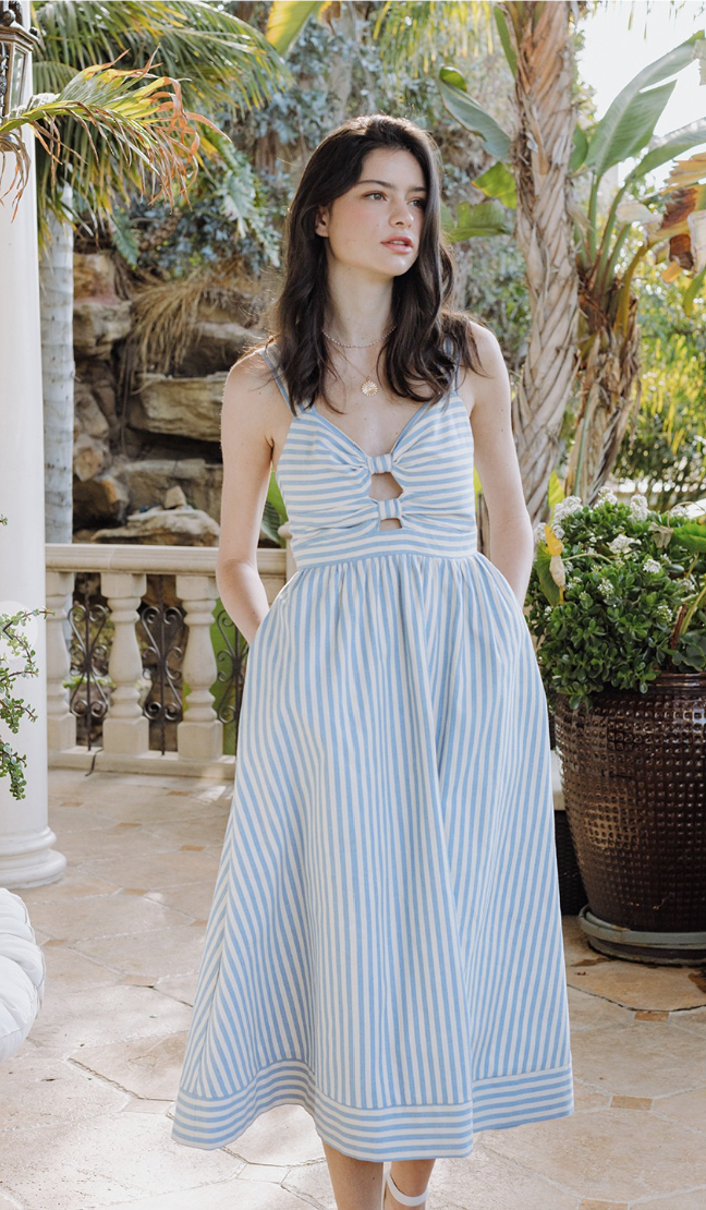 striped midi summer dress Roade Porto Blue Stripe Linen Midi Dress Organic Sustainable The Fairnest