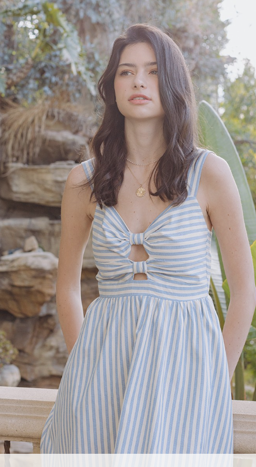 Reese Summer Stripe Midi Dress With A Sweet Ribbon Bust