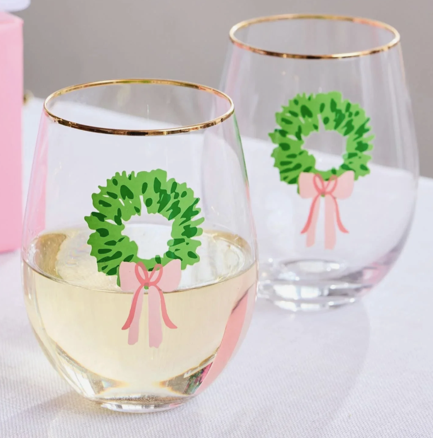 Mary Square Rosy Wreaths Stemless Wine Glass