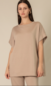 P. CILL Butter Modal Contrast Rib Short Sleeve Tunic Top