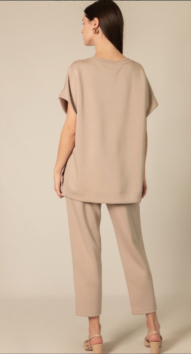 P. CILL Butter Modal Contrast Rib Short Sleeve Tunic Top