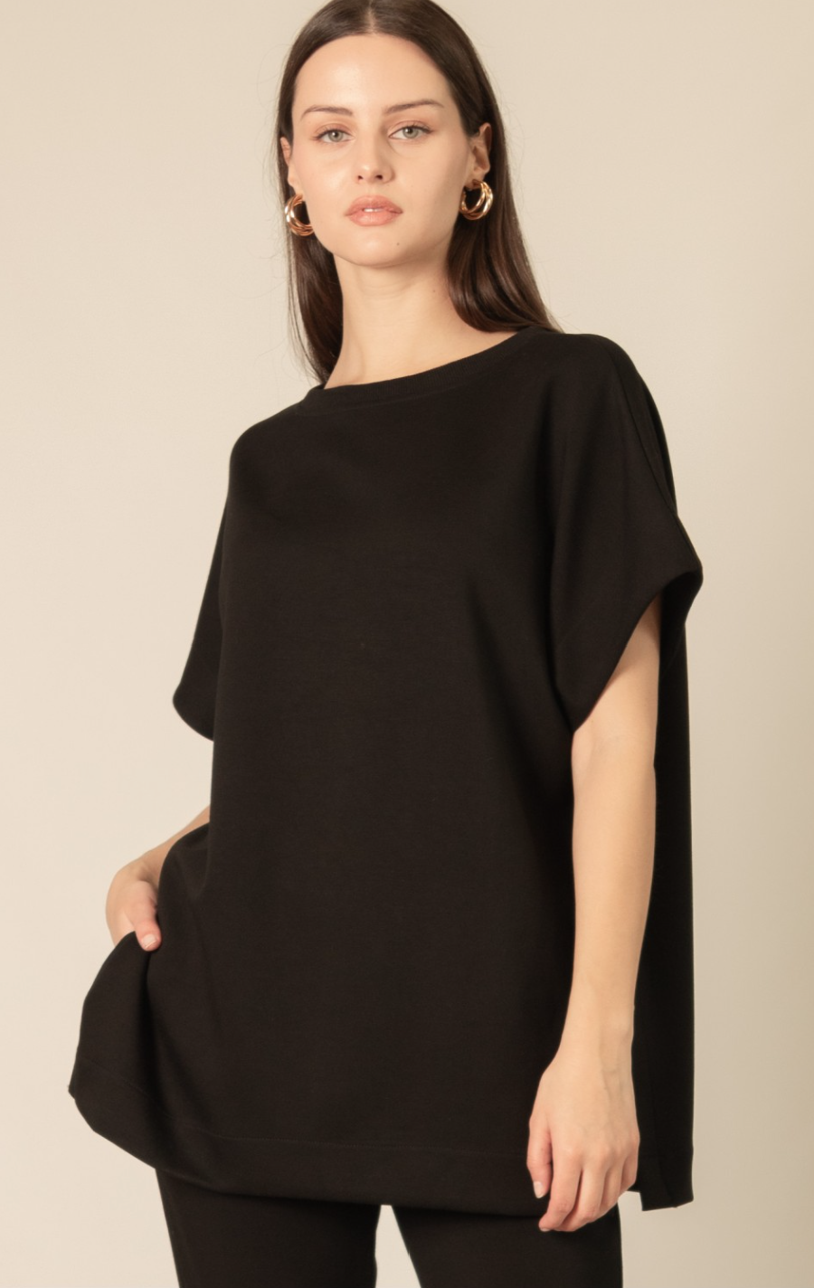 P. CILL Butter Modal Contrast Rib Short Sleeve Tunic Top