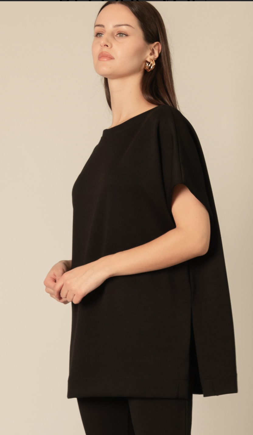 P. CILL Butter Modal Contrast Rib Short Sleeve Tunic Top