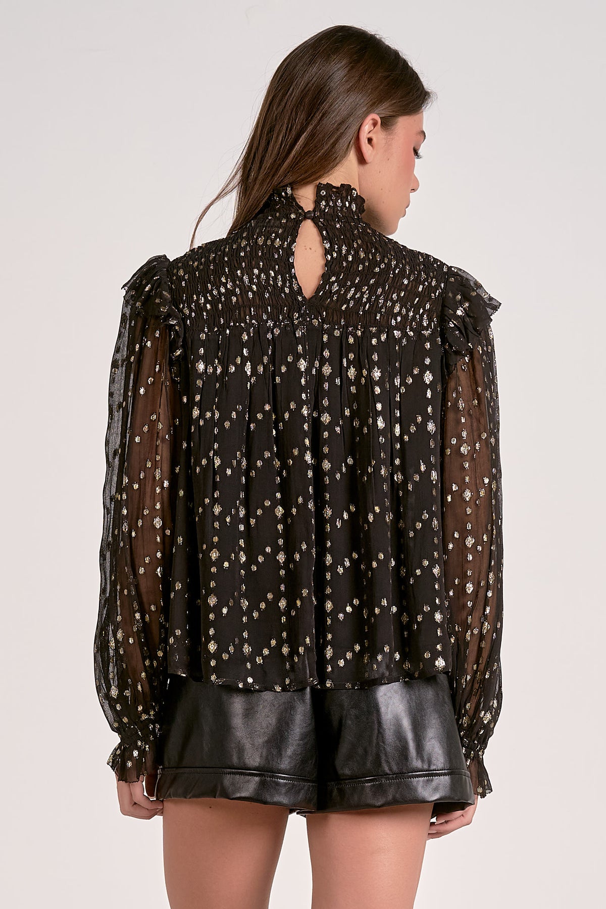 Gia black geo print Sheer Top