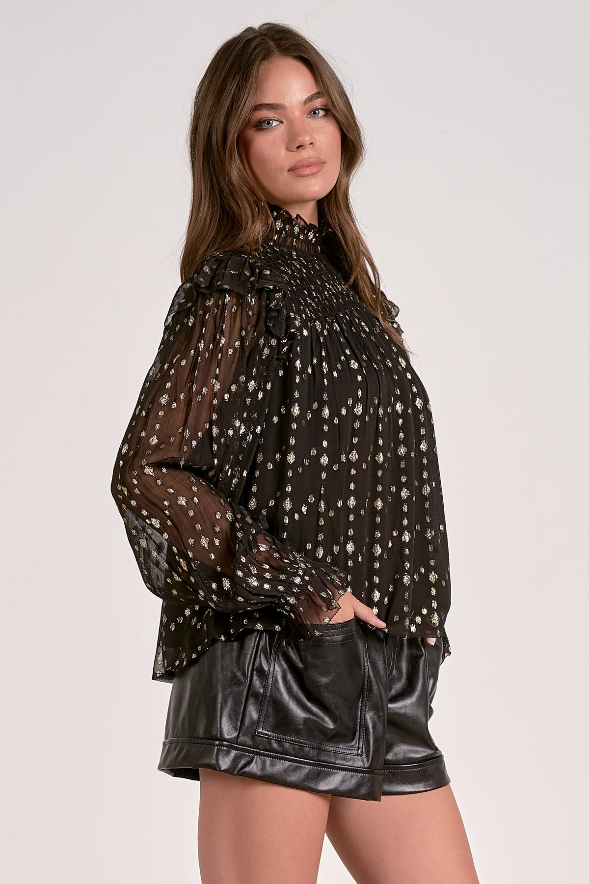 Gia black geo print Sheer Top
