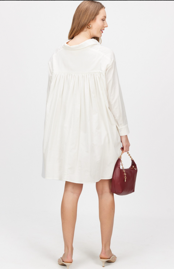 Mia Cotton Poplin Pleated Back Button Up Shirt Dress