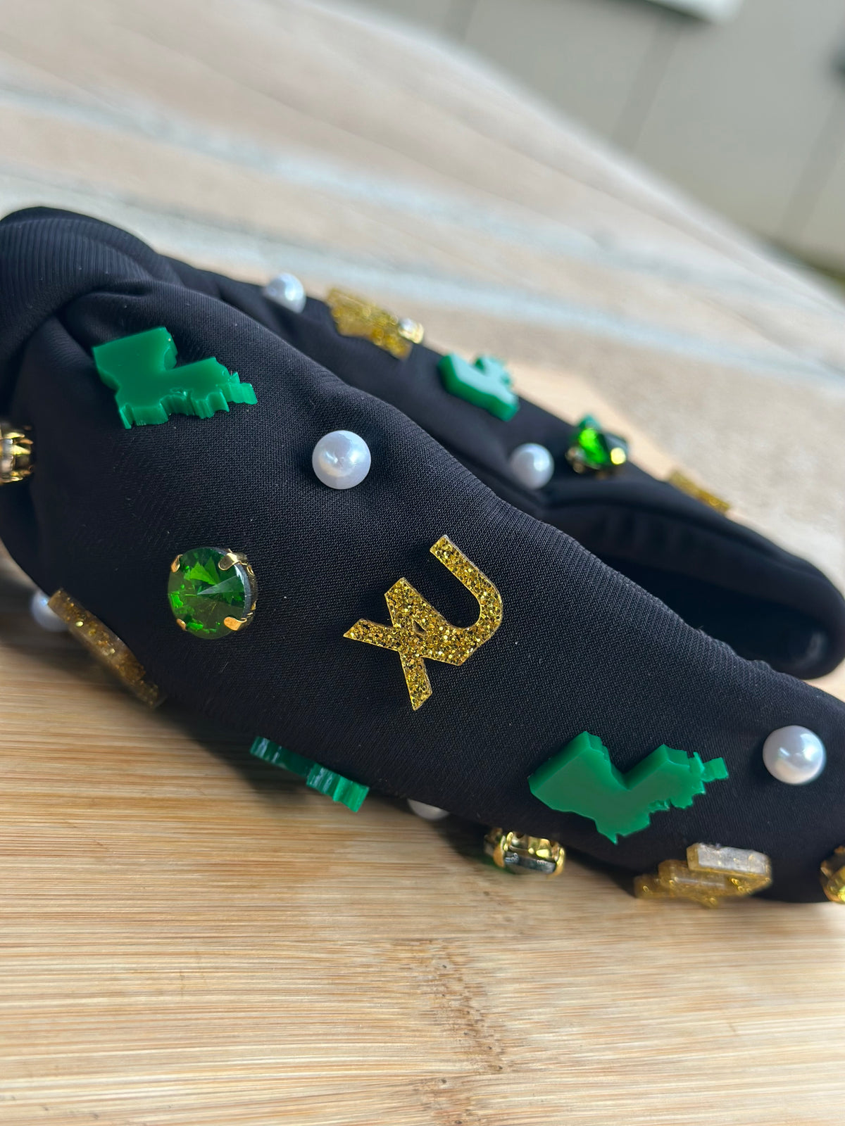 XULA Headband - Black Fabric/Gold Glitter XU/Green Louisiana/green and gold jewels with white pearls