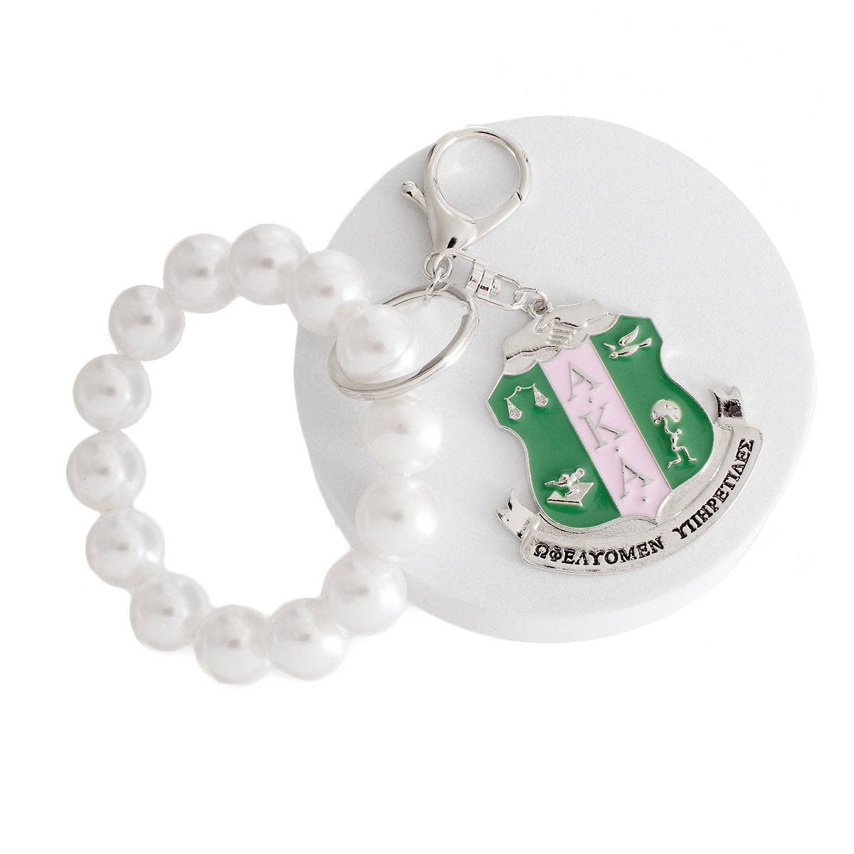 AKA White Pearl Shield Keychain 7 x 2 inches / White / Rhodium