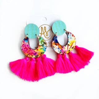 Large Geometric Fringe Statement Earring  Garden Neon Pink