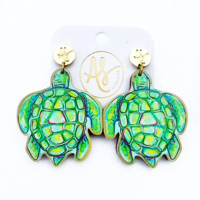 Colorful Nautical Statement Artwork Earring Green Sea Turtle
