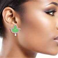 AKA Pink Green Ivy Leaf Studs: 1 inch / Pink and Green / Rhodium