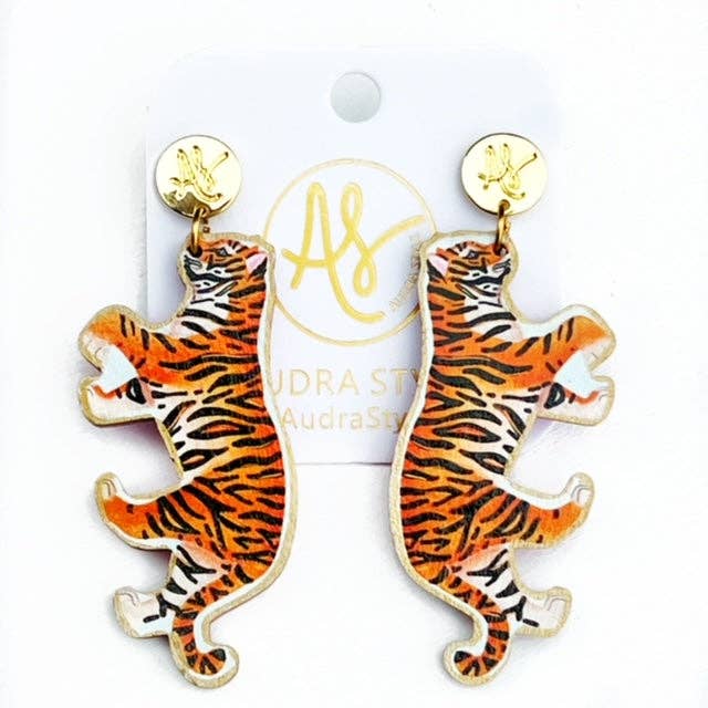 Large Statement Colorful Tiger Animal Artwork Earrings